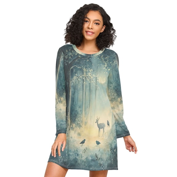 FORMRS Womens Long Sleeve Nightgowns Crew Neck Sleep Shirt Soft Pajamas Sizes S-3XL, Night Forest Scene
