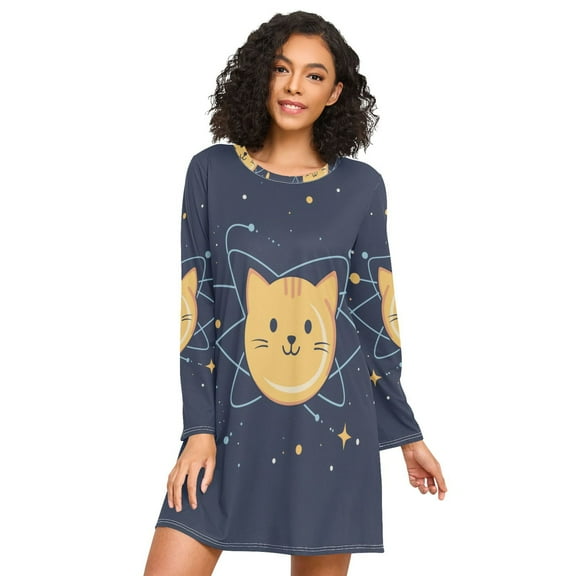 FORMRS Womens Long Sleeve Nightgowns Crew Neck Sleep Shirt Soft Pajamas Sizes S-3XL, Orange Cat Planet
