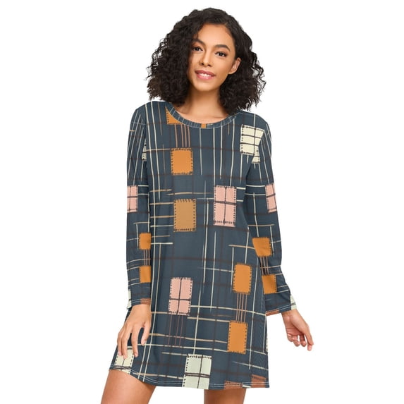 FORMRS Womens Long Sleeve Nightgowns Crew Neck Sleep Shirt Soft Pajamas Sizes S-3XL, Orange Checkered Pattern