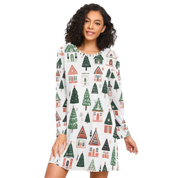 FORMRS Womens Long Sleeve Nightgowns Crew Neck Sleep Shirt Soft Pajamas Sizes S-3XL, Orange Christmas House