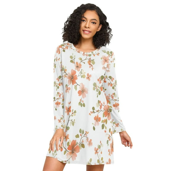 FORMRS Womens Long Sleeve Nightgowns Crew Neck Sleep Shirt Soft Pajamas Sizes S-3XL, Orange Floral Blooms