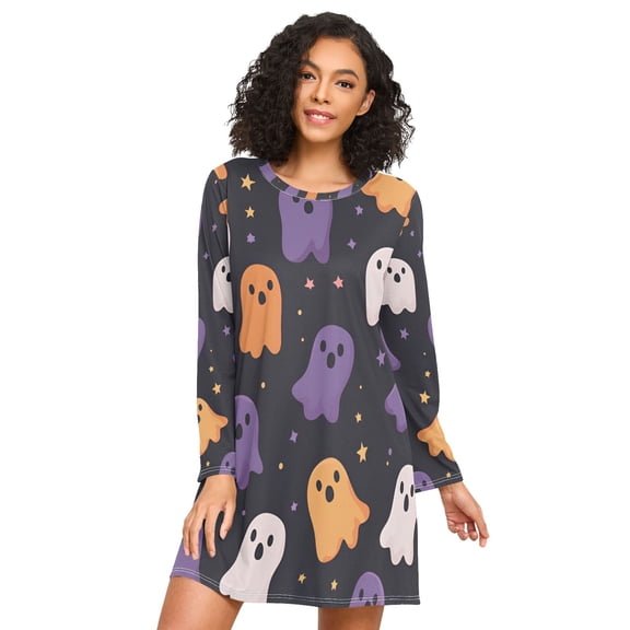 FORMRS Womens Long Sleeve Nightgowns Crew Neck Sleep Shirt Soft Pajamas Sizes S-3XL, Orange Halloween Ghosts