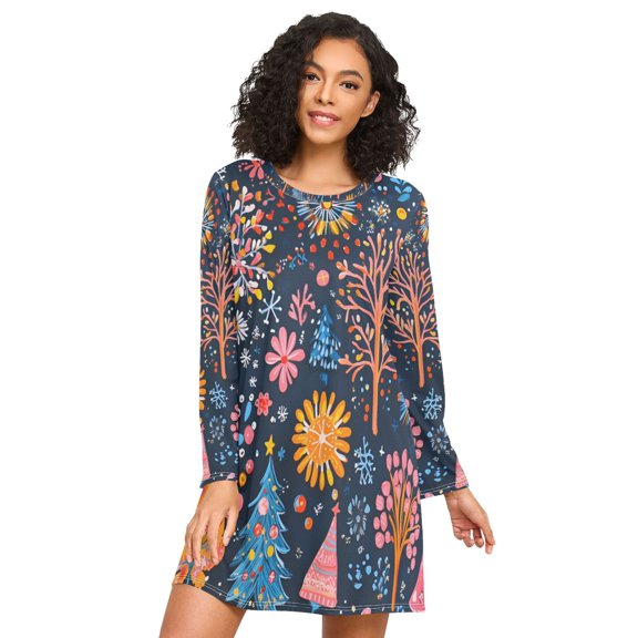 FORMRS Womens Long Sleeve Nightgowns Crew Neck Sleep Shirt Soft Pajamas Sizes S-3XL, Pink Christmas Splendor