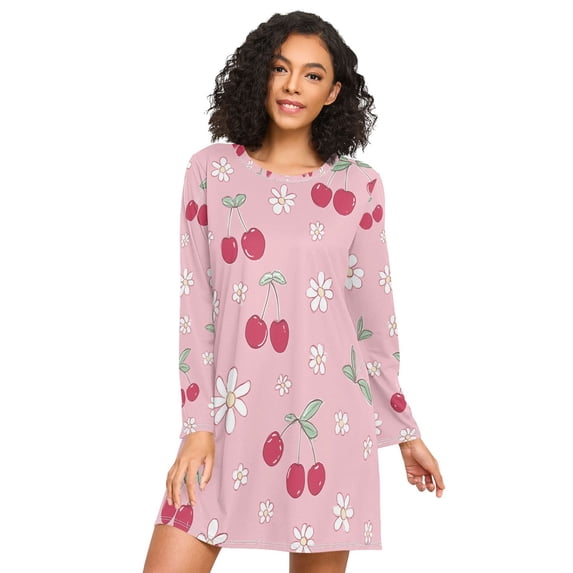 FORMRS Womens Long Sleeve Nightgowns Crew Neck Sleep Shirt Soft Pajamas Sizes S-3XL, Pink Cute Cherry Pattern