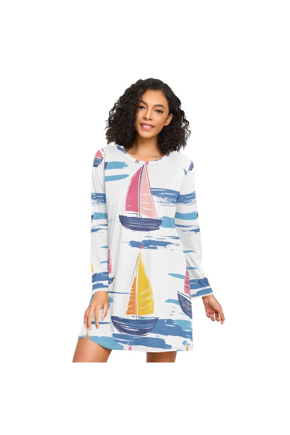 Womens Long Sleeve Nightgowns Crew Neck Sleep Shirt Soft Pajamas Sizes S-3XL, Pink Hand Drawn Sailboats