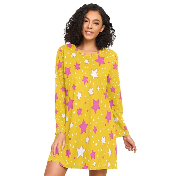 FORMRS Womens Long Sleeve Nightgowns Crew Neck Sleep Shirt Soft Pajamas Sizes S-3XL, Pink Stars