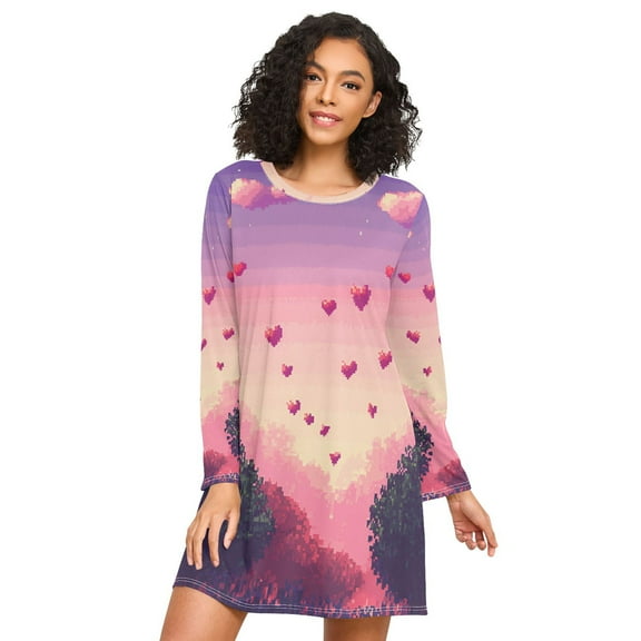 FORMRS Womens Long Sleeve Nightgowns Crew Neck Sleep Shirt Soft Pajamas Sizes S-3XL, Pixel Floating Hearts