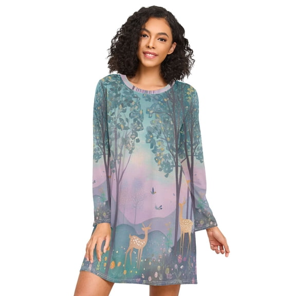 FORMRS Womens Long Sleeve Nightgowns Crew Neck Sleep Shirt Soft Pajamas Sizes S-3XL, Purple Forest Scene