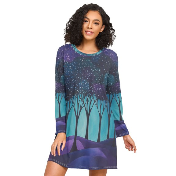 FORMRS Womens Long Sleeve Nightgowns Crew Neck Sleep Shirt Soft Pajamas Sizes S-3XL, Purple Moonlight Forest