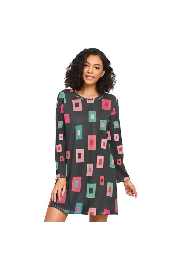 Womens Long Sleeve Nightgowns Crew Neck Sleep Shirt Soft Pajamas Sizes S-3XL, Red Block Pattern