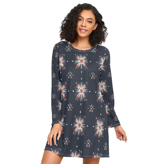 FORMRS Womens Long Sleeve Nightgowns Crew Neck Sleep Shirt Soft Pajamas Sizes S-3XL, Red Fireworks Pattern