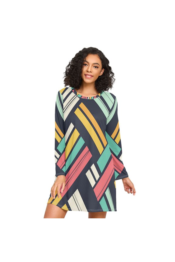 Womens Long Sleeve Nightgowns Crew Neck Sleep Shirt Soft Pajamas Sizes S-3XL, Red Geometric