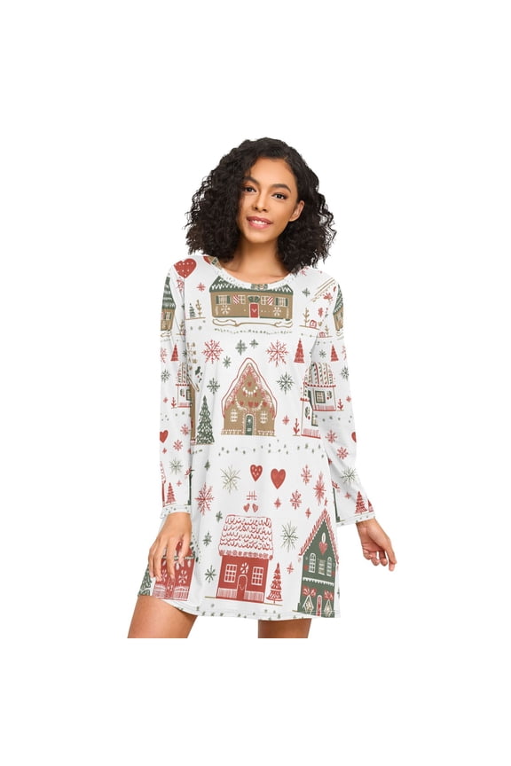 Womens Long Sleeve Nightgowns Crew Neck Sleep Shirt Soft Pajamas Sizes S-3XL, Red Nordic Christmas House