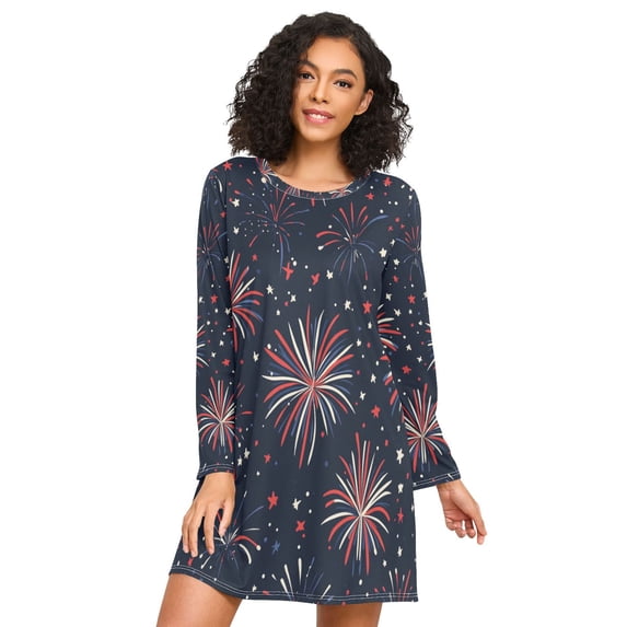 FORMRS Womens Long Sleeve Nightgowns Crew Neck Sleep Shirt Soft Pajamas Sizes S-3XL, Red and White Fireworks Pattern