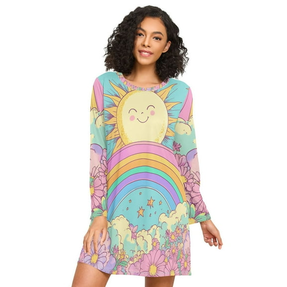 FORMRS Womens Long Sleeve Nightgowns Crew Neck Sleep Shirt Soft Pajamas Sizes S-3XL, Retro Blue Rainbow