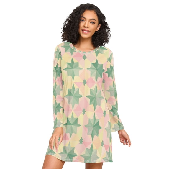 FORMRS Womens Long Sleeve Nightgowns Crew Neck Sleep Shirt Soft Pajamas Sizes S-3XL, Retro Symmetrical Stars