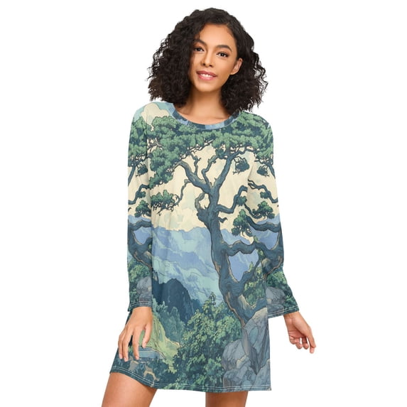FORMRS Womens Long Sleeve Nightgowns Crew Neck Sleep Shirt Soft Pajamas Sizes S-3XL, Retro Tree