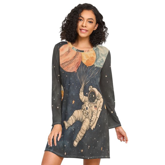 FORMRS Womens Long Sleeve Nightgowns Crew Neck Sleep Shirt Soft Pajamas Sizes S-3XL, Retro Watercolor Planet