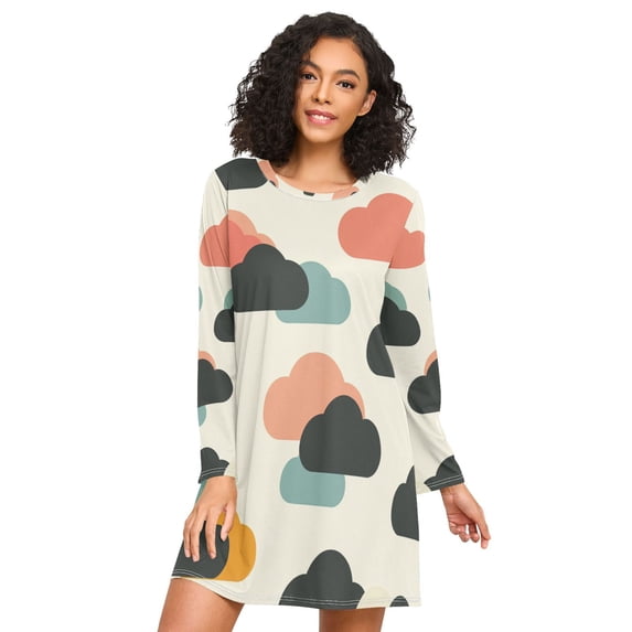 FORMRS Womens Long Sleeve Nightgowns Crew Neck Sleep Shirt Soft Pajamas Sizes S-3XL, Simple Clouds
