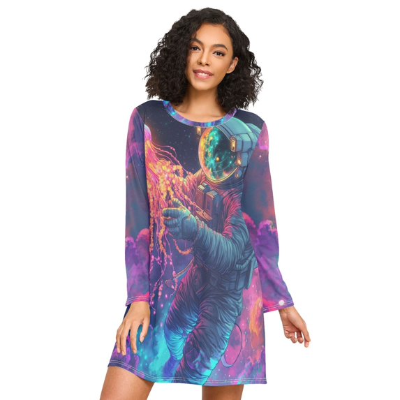 FORMRS Womens Long Sleeve Nightgowns Crew Neck Sleep Shirt Soft Pajamas Sizes S-3XL, Space Astronaut