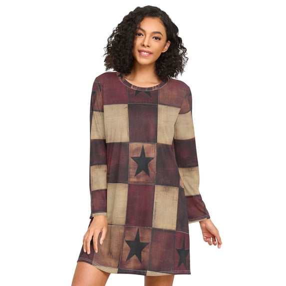 FORMRS Womens Long Sleeve Nightgowns Crew Neck Sleep Shirt Soft Pajamas Sizes S-3XL, Star Spangled Squares