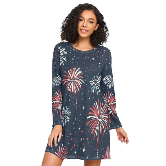 FORMRS Womens Long Sleeve Nightgowns Crew Neck Sleep Shirt Soft Pajamas Sizes S-3XL, Starry Fireworks Pattern