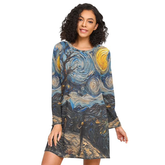 FORMRS Womens Long Sleeve Nightgowns Crew Neck Sleep Shirt Soft Pajamas Sizes S-3XL, Swirling Starry Sky