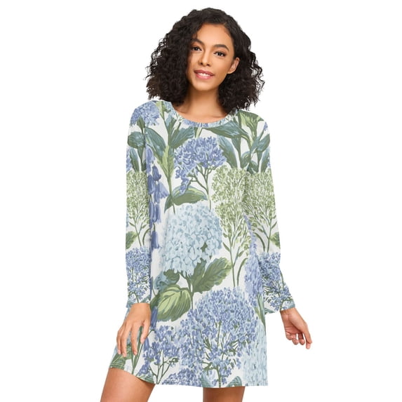 FORMRS Womens Long Sleeve Nightgowns Crew Neck Sleep Shirt Soft Pajamas Sizes S-3XL, Vibrant Hydrangeas Pattern