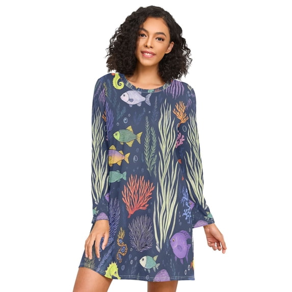 FORMRS Womens Long Sleeve Nightgowns Crew Neck Sleep Shirt Soft Pajamas Sizes S-3XL, Vibrant Ocean Pattern