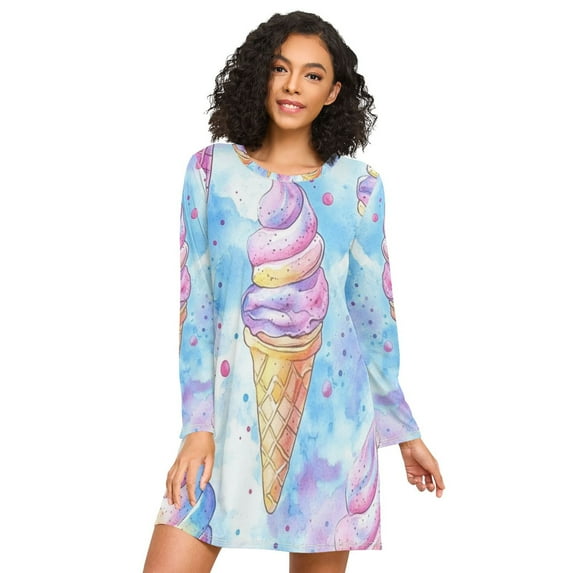 FORMRS Womens Long Sleeve Nightgowns Crew Neck Sleep Shirt Soft Pajamas Sizes S-3XL, Watercolor Ice Cream Pattern