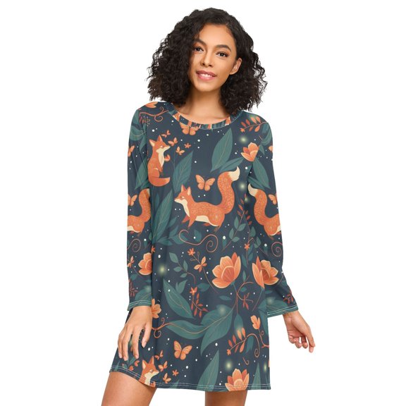 FORMRS Womens Long Sleeve Nightgowns Crew Neck Sleep Shirt Soft Pajamas Sizes S-3XL, Whimsical Foxes Pattern