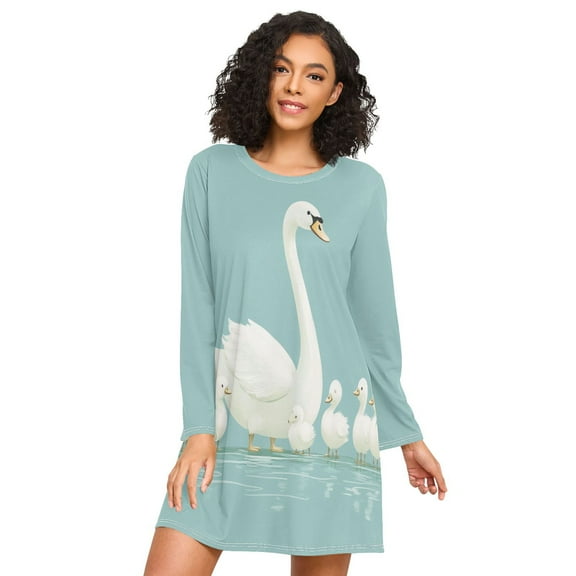 FORMRS Womens Long Sleeve Nightgowns Crew Neck Sleep Shirt Soft Pajamas Sizes S-3XL, White Cartoon Swan