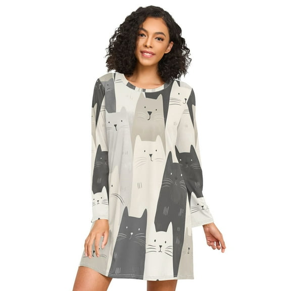 FORMRS Womens Long Sleeve Nightgowns Crew Neck Sleep Shirt Soft Pajamas Sizes S-3XL, White Cute Cats