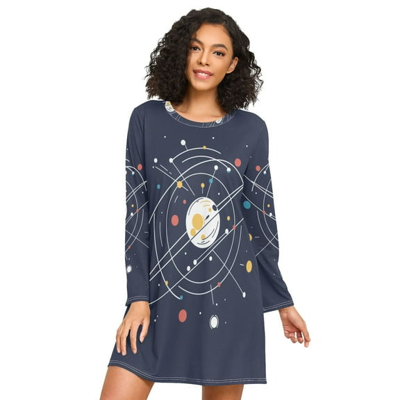 FORMRS Womens Long Sleeve Nightgowns Crew Neck Sleep Shirt Soft Pajamas Sizes S-3XL, White Planet