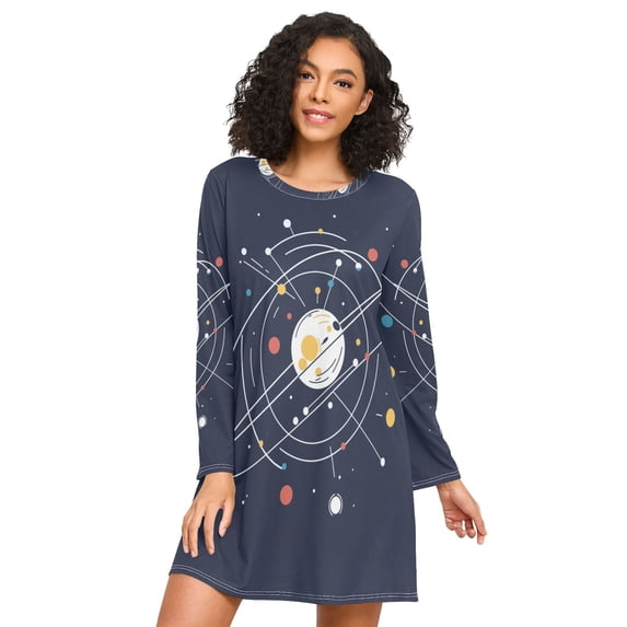 FORMRS Womens Long Sleeve Nightgowns Crew Neck Sleep Shirt Soft Pajamas Sizes S-3XL, White Planet