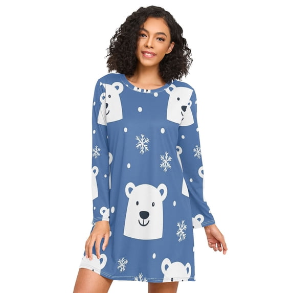 FORMRS Womens Long Sleeve Nightgowns Crew Neck Sleep Shirt Soft Pajamas Sizes S-3XL, White Polar Bear