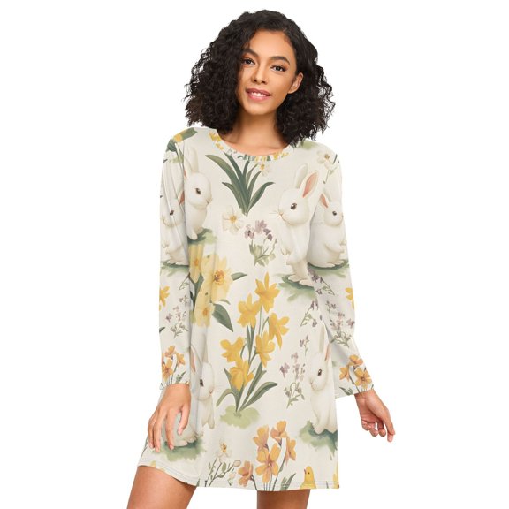 FORMRS Womens Long Sleeve Nightgowns Crew Neck Sleep Shirt Soft Pajamas Sizes S-3XL, White Rabbits