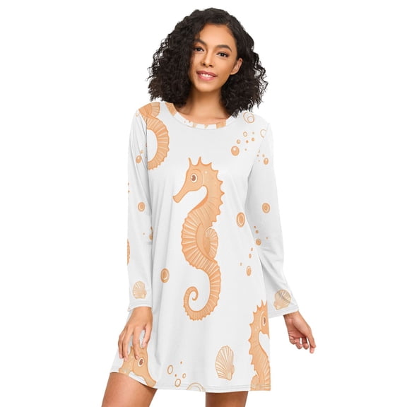 FORMRS Womens Long Sleeve Nightgowns Crew Neck Sleep Shirt Soft Pajamas Sizes S-3XL, White Seahorse