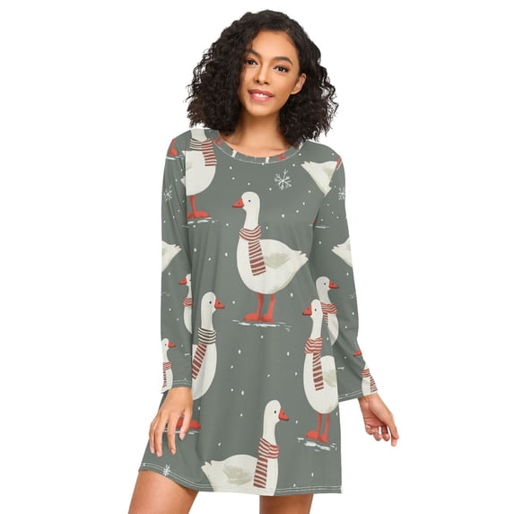 FORMRS Womens Long Sleeve Nightgowns Crew Neck Sleep Shirt Soft Pajamas Sizes S-3XL, Winter Goose