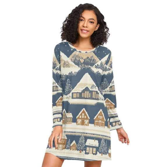 FORMRS Womens Long Sleeve Nightgowns Crew Neck Sleep Shirt Soft Pajamas Sizes S-3XL, Winter Village