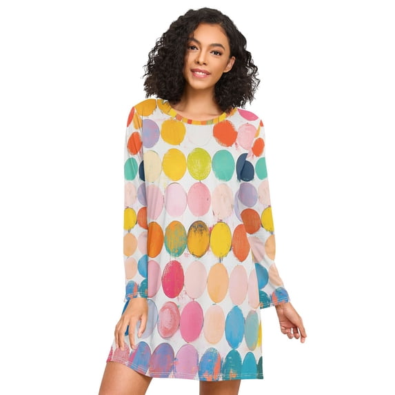 FORMRS Womens Long Sleeve Nightgowns Crew Neck Sleep Shirt Soft Pajamas Sizes S-3XL, Yellow Circles