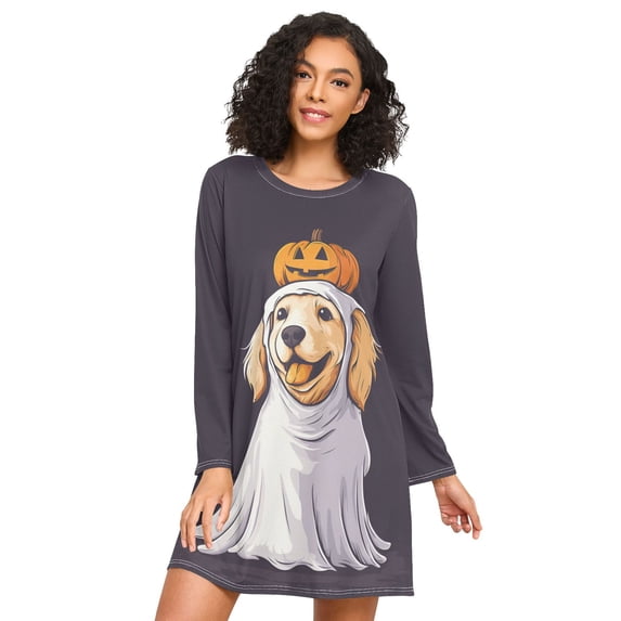 FORMRS Womens Long Sleeve Nightgowns Crew Neck Sleep Shirt Soft Pajamas Sizes S-3XL, Yellow Halloween Dog