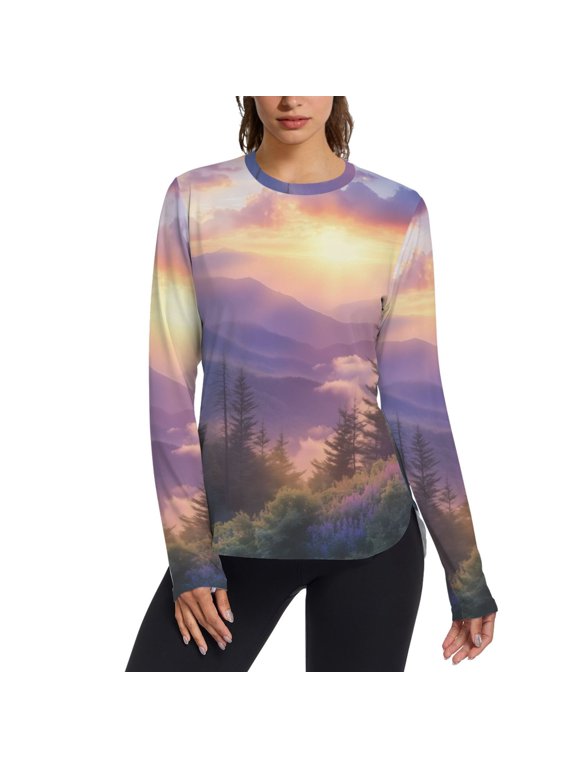 Womens Long Sleeve Shirts UPF 50+ Sun Protection Quick Dry Fishing Hiking Tops, Size S-2XL, Beautiful Mountain