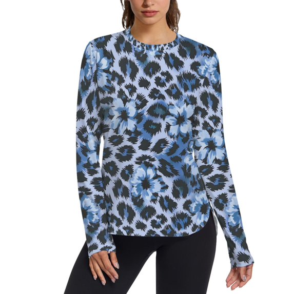 FORMRS Womens Long Sleeve Shirts UPF 50+ Sun Protection Quick Dry Fishing Hiking Tops, Size S-2XL, Blue Floral Leopard Pattern
