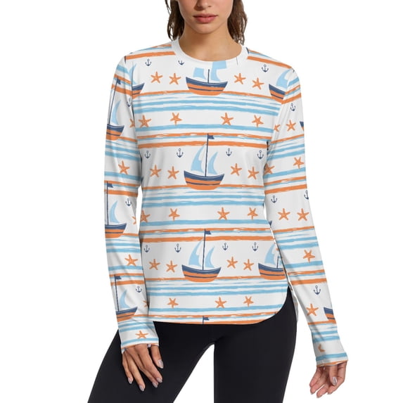 FORMRS Womens Long Sleeve Shirts UPF 50+ Sun Protection Quick Dry Fishing Hiking Tops, Size S-2XL, Blue Nautical Pattern