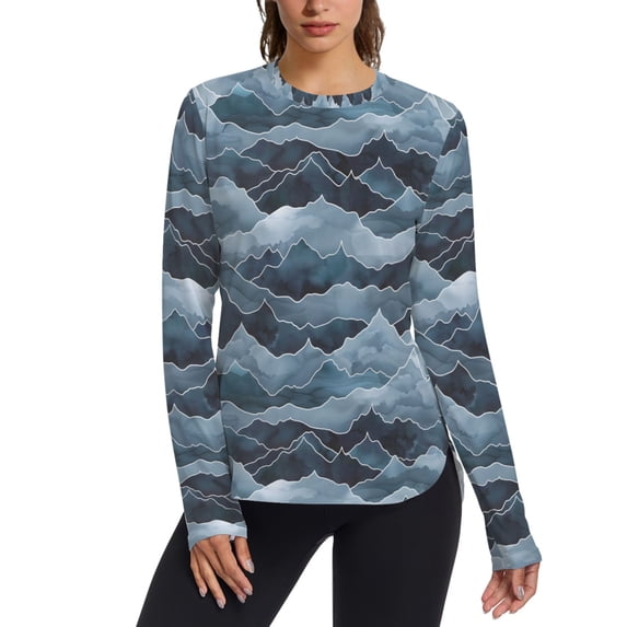 FORMRS Womens Long Sleeve Shirts UPF 50+ Sun Protection Quick Dry Fishing Hiking Tops, Size S-2XL, Blue Watercolor Mountain Pattern