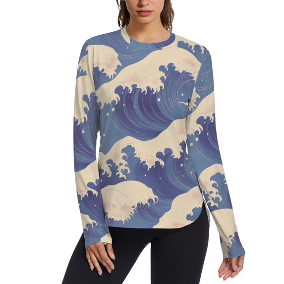 FORMRS Womens Long Sleeve Shirts UPF 50+ Sun Protection Quick Dry Fishing Hiking Tops, Size S-2XL, Blue Wave Pattern