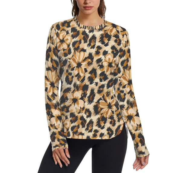 FORMRS Womens Long Sleeve Shirts UPF 50+ Sun Protection Quick Dry Fishing Hiking Tops, Size S-2XL, Brown Floral Leopard Pattern