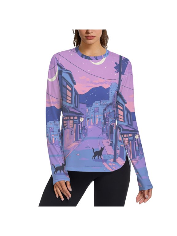 Womens Long Sleeve Shirts UPF 50+ Sun Protection Quick Dry Fishing Hiking Tops, Size S-2XL, Cat Walking in Street