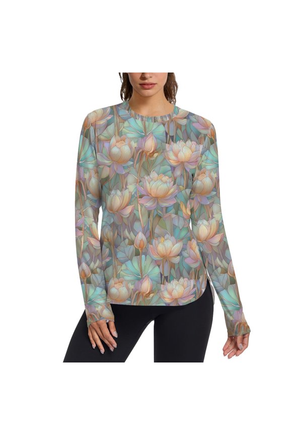 Womens Long Sleeve Shirts UPF 50+ Sun Protection Quick Dry Fishing Hiking Tops, Size S-2XL, Colorful Water Lilies Pattern